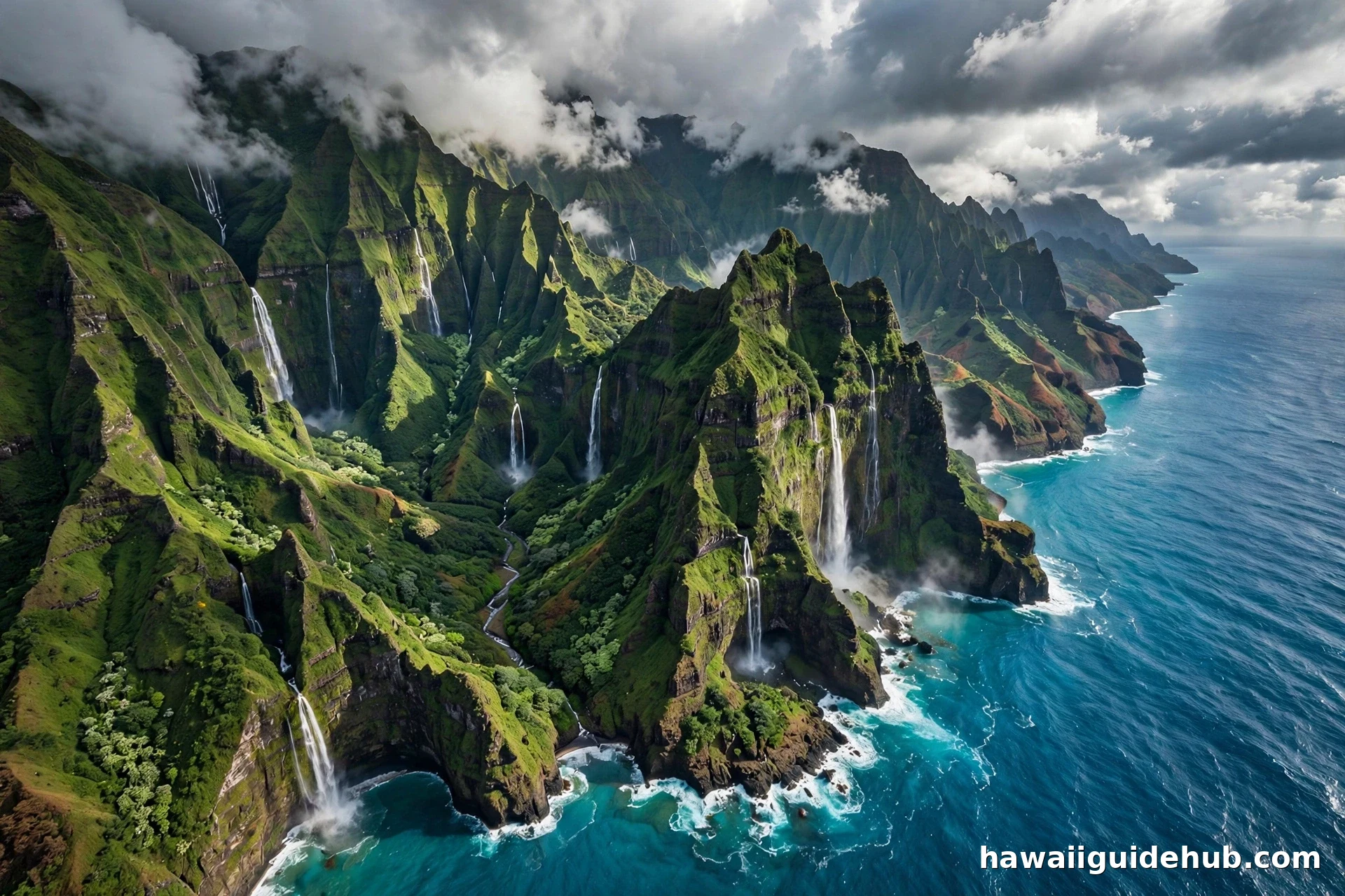 Aerial view of Kauai's Na Pali Coast with emerald cliffs, waterfalls and turquoise ocean