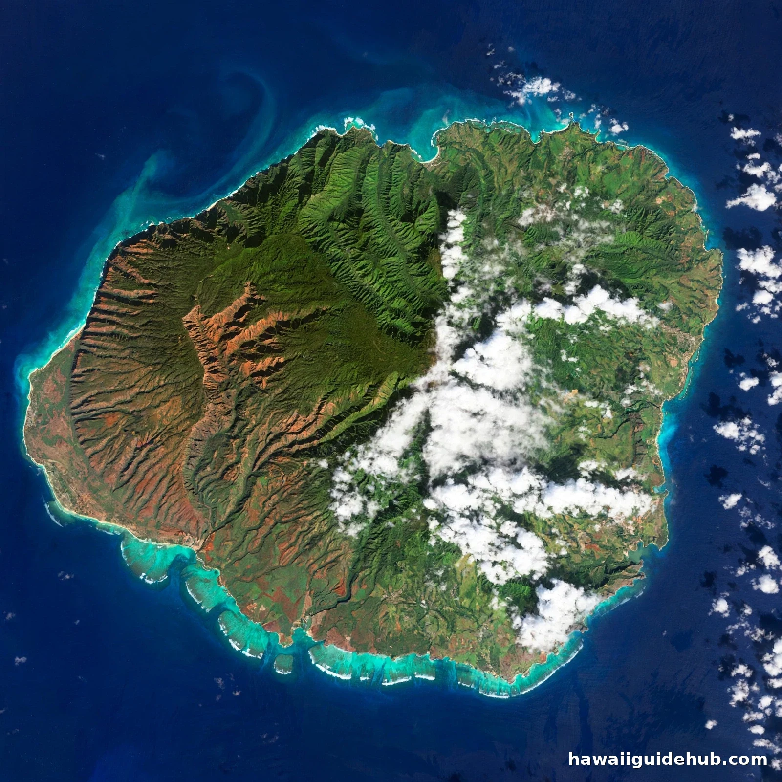 Satellite-style view of the entire island of Kauai surrounded by deep blue ocean showing its nearly circular shape