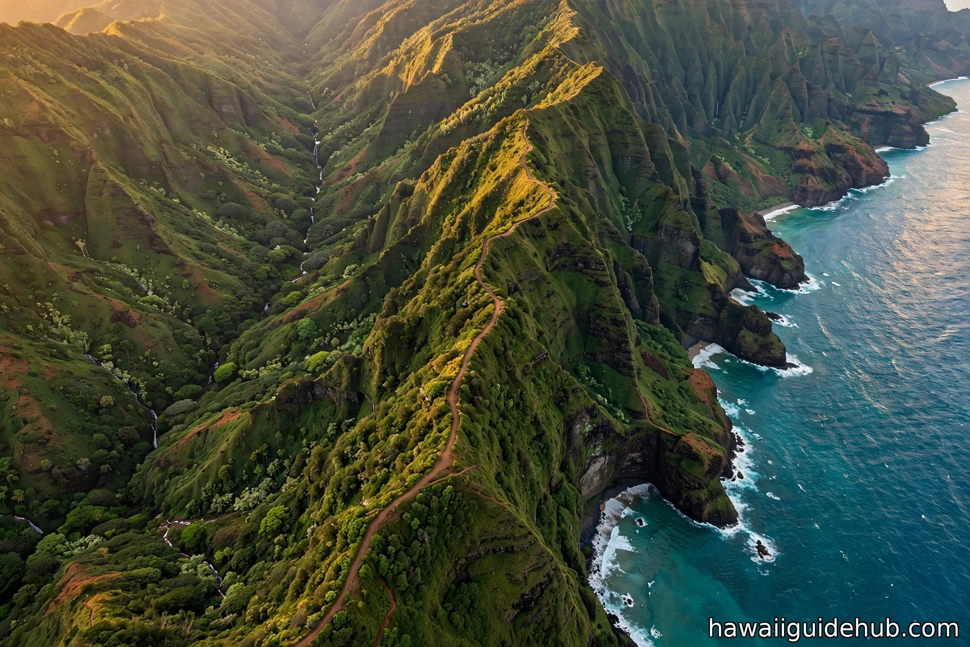 Aerial view of the Na Pali Coast of Kauai at golden hour with the Kalalau Trail winding along emerald sea cliffs