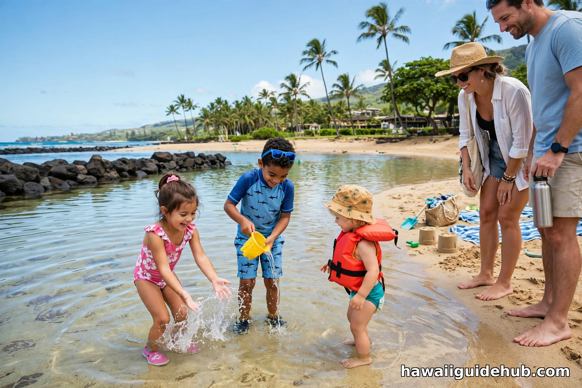 Toddlers wading in the calm protected pool at Poʻipū Beach on Kauaʻi with parents nearby