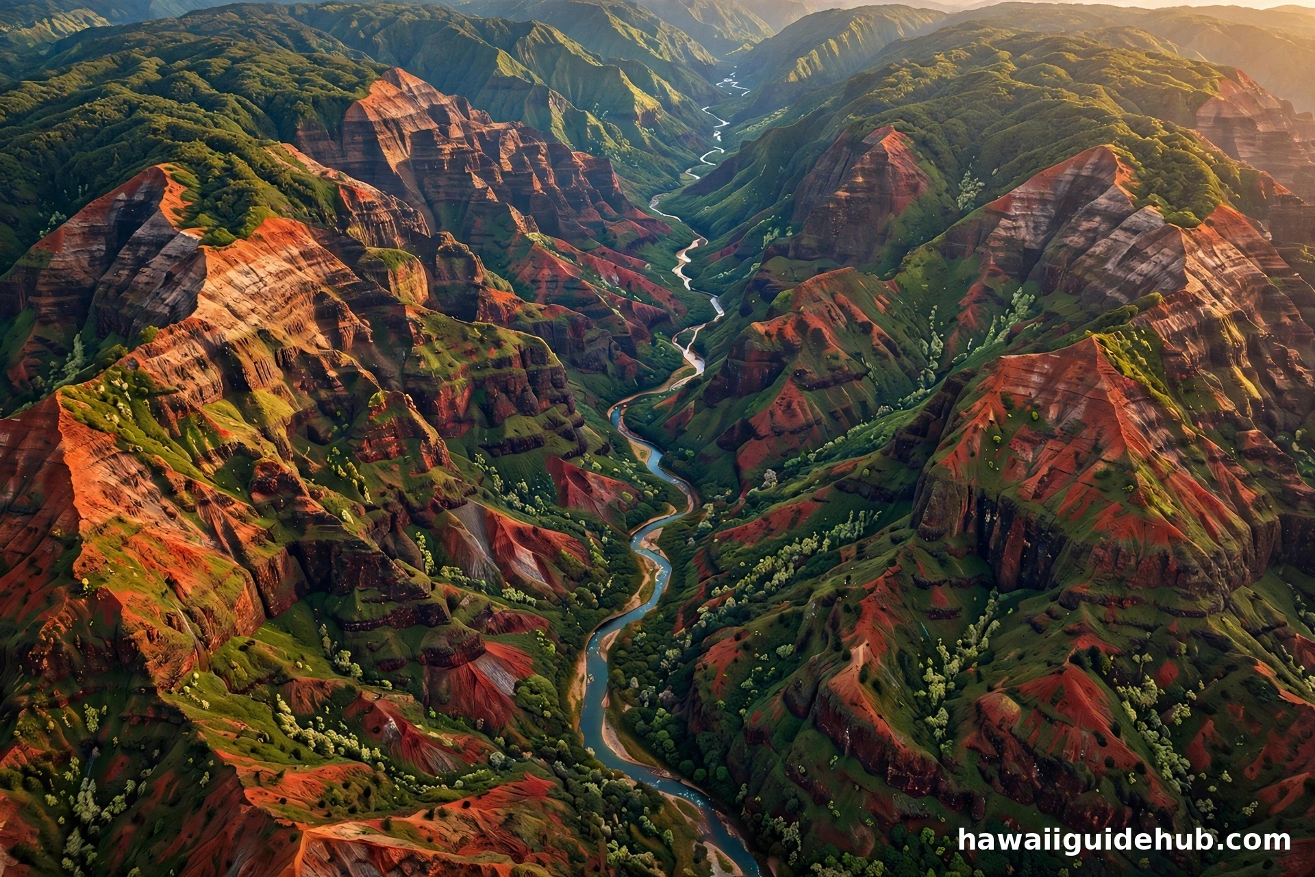 Aerial view of Waimea Canyon's deep red and green cliffs with a winding river far below on Kauai