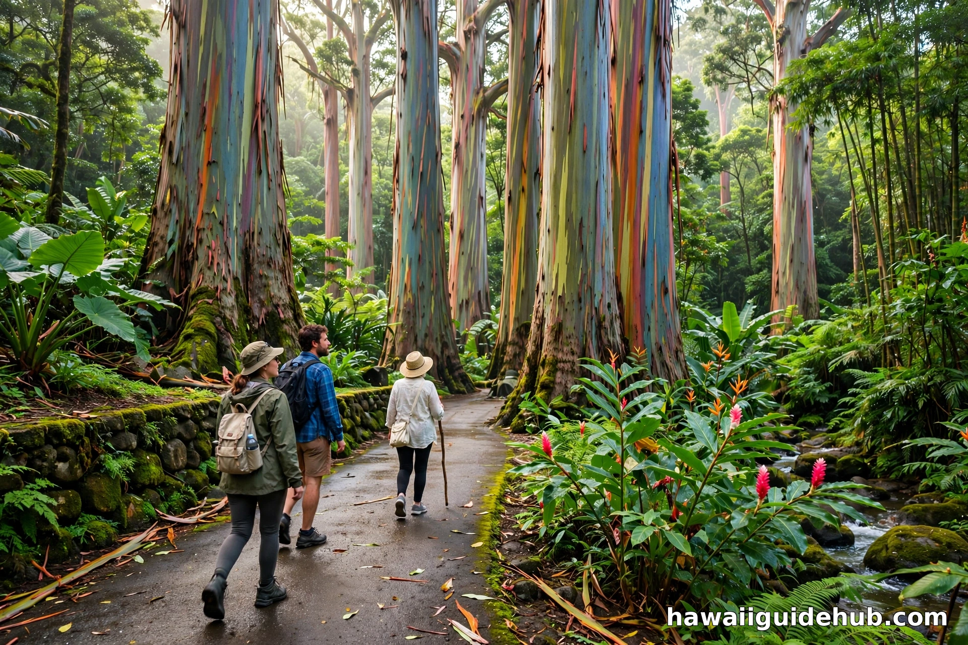 Visitors walking a paved path beneath towering rainbow eucalyptus trees at Keanae Arboretum on Maui