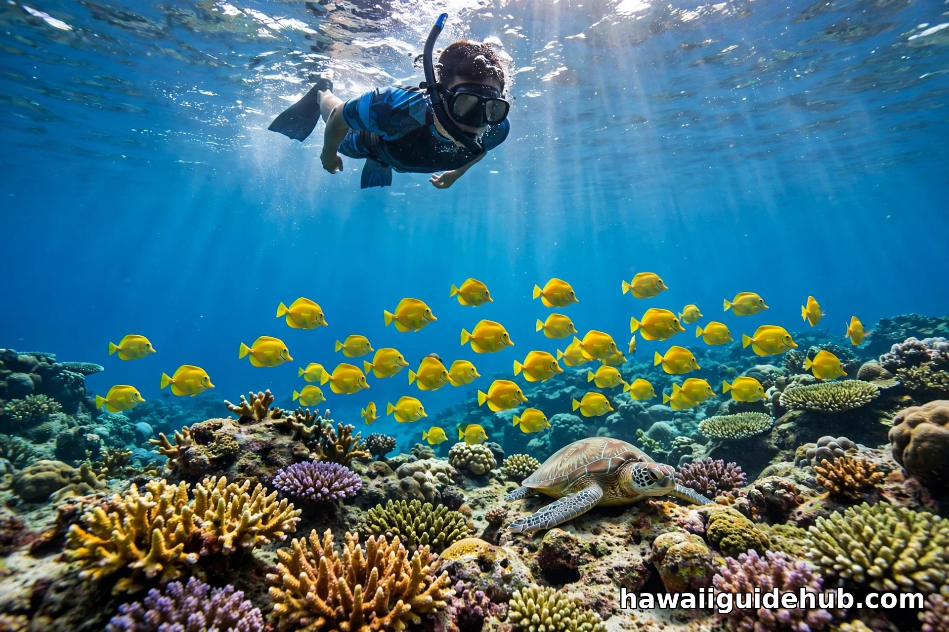 Snorkeler floating over a coral reef with yellow tang and a green sea turtle at Keʻei Beach on the Big Island