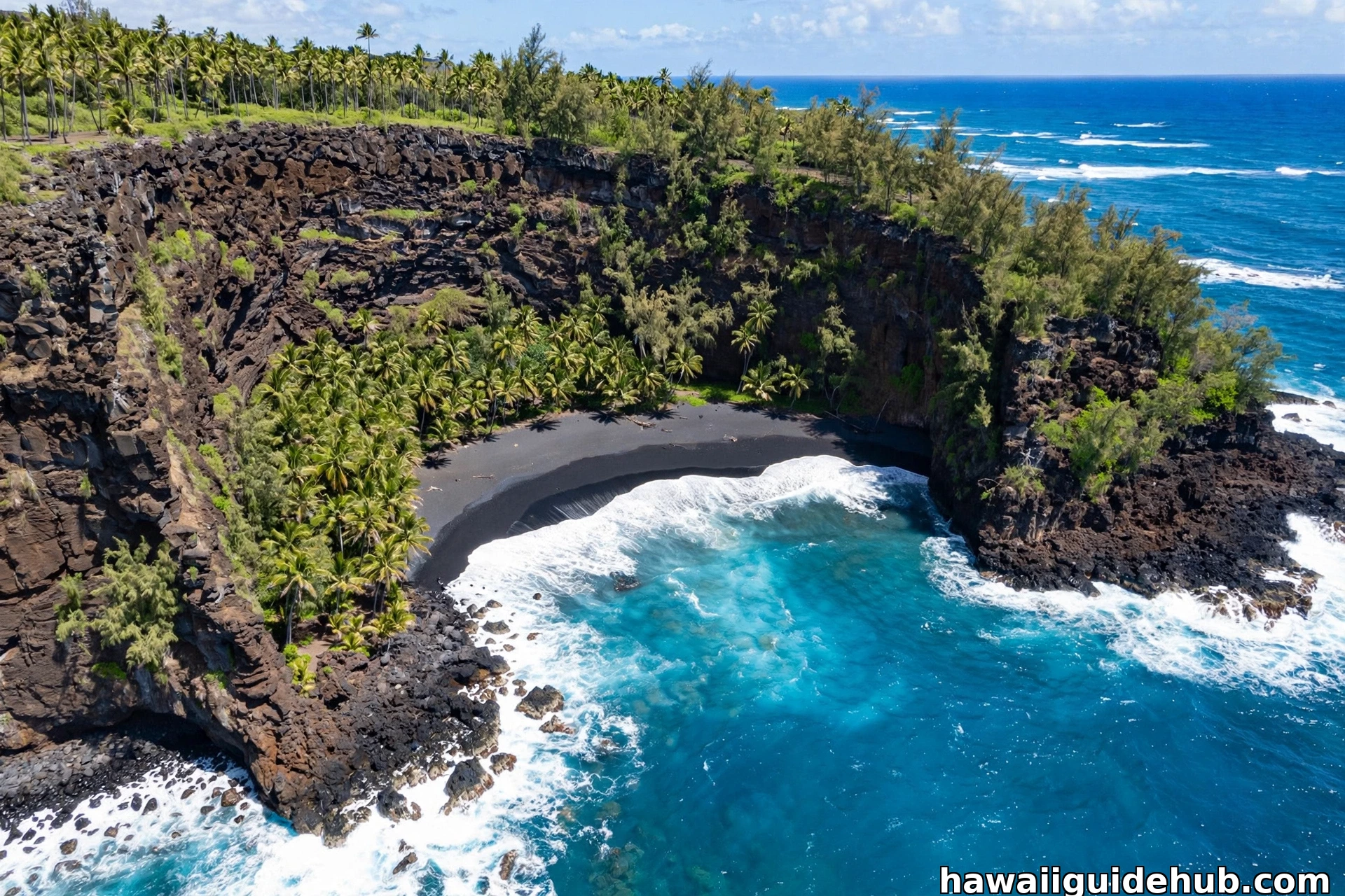 Aerial view of Kehena Black Sand Beach on the Big Island of Hawaii with black sand cove between lava cliffs