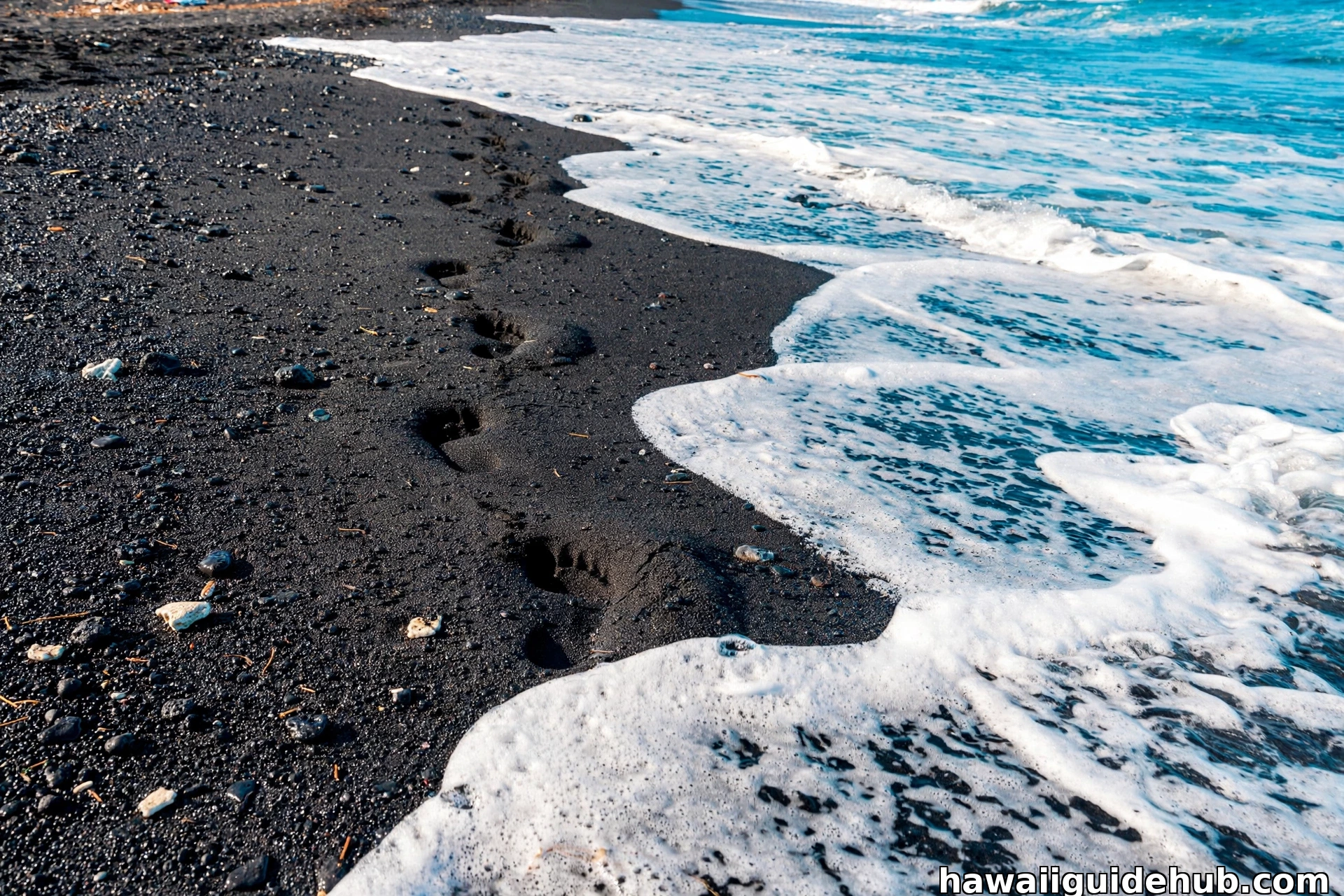 Close-up of coarse black volcanic sand with white sea foam at Kehena Beach Hawaii