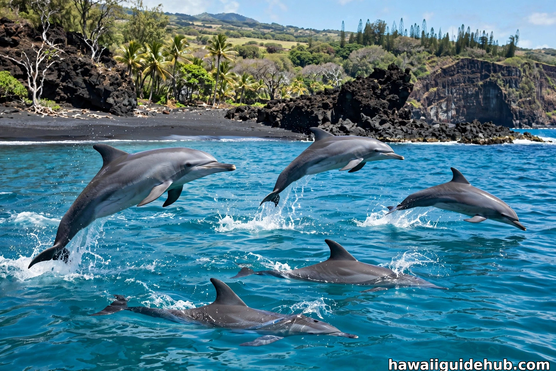 Spinner dolphins leaping in the turquoise ocean offshore from Kehena Black Sand Beach Hawaii