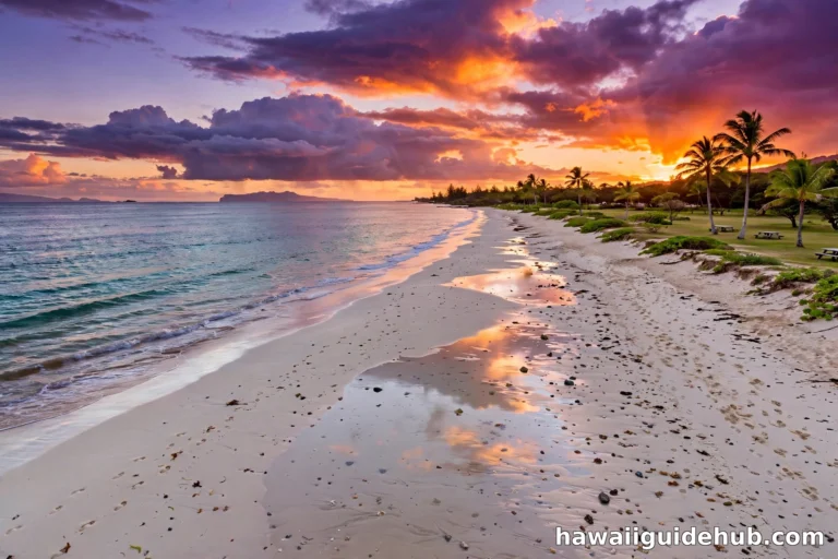 Kekaha Beach on Kauai at sunset: long white sand beach, orange and purple sky, Niihau island silhouette on the horizon