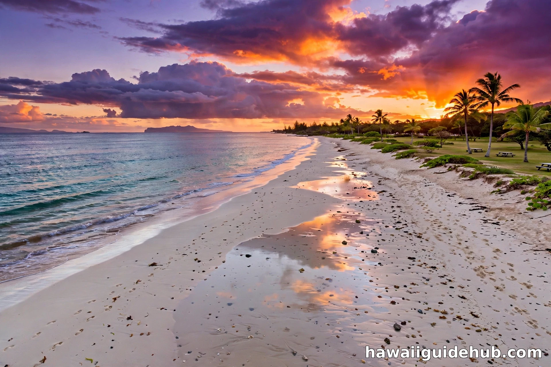 Kekaha Beach on Kauai at sunset: long white sand beach, orange and purple sky, Niihau island silhouette on the horizon