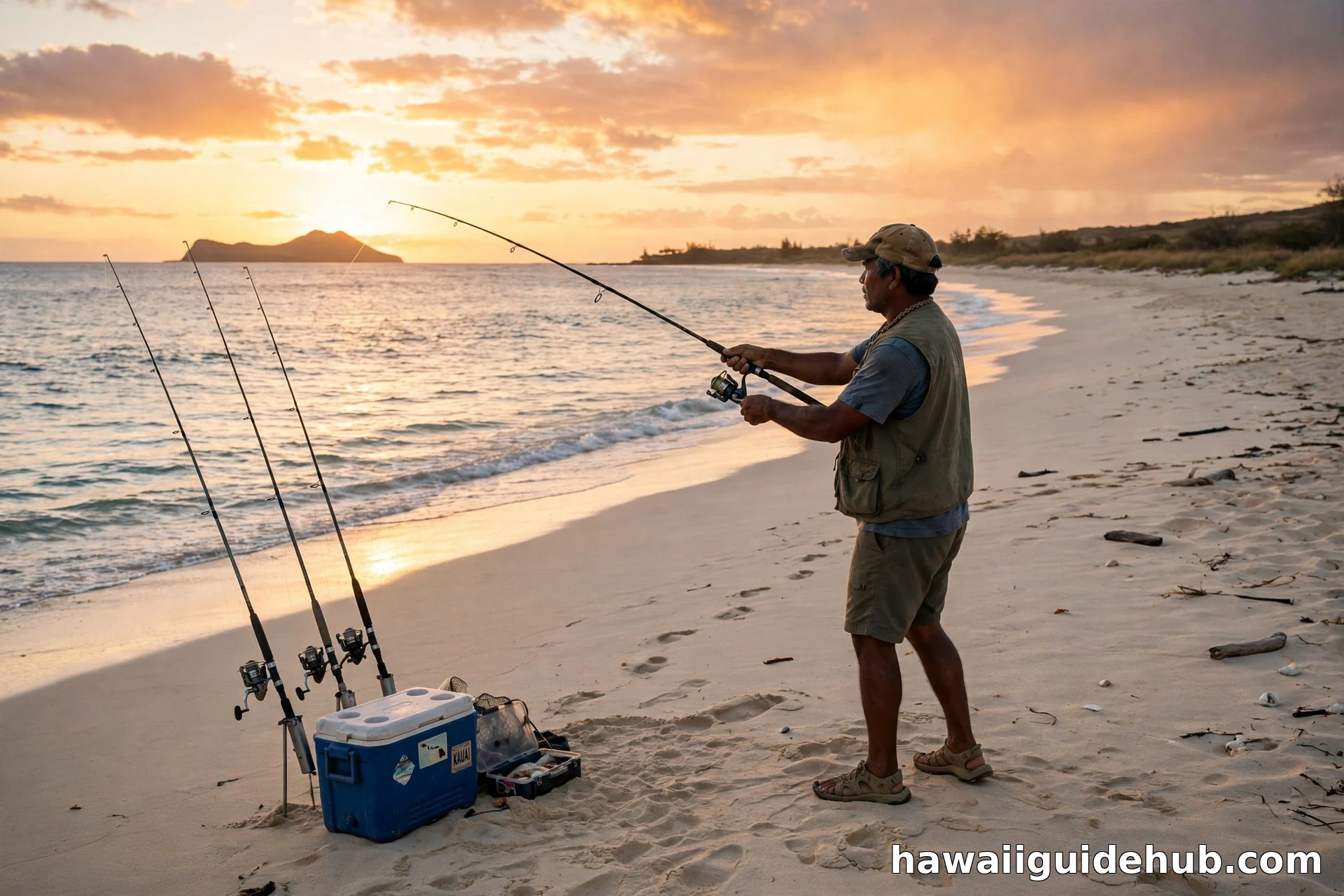 Local fisherman casting a line at sunset on Kekaha Beach with fishing rods in the sand