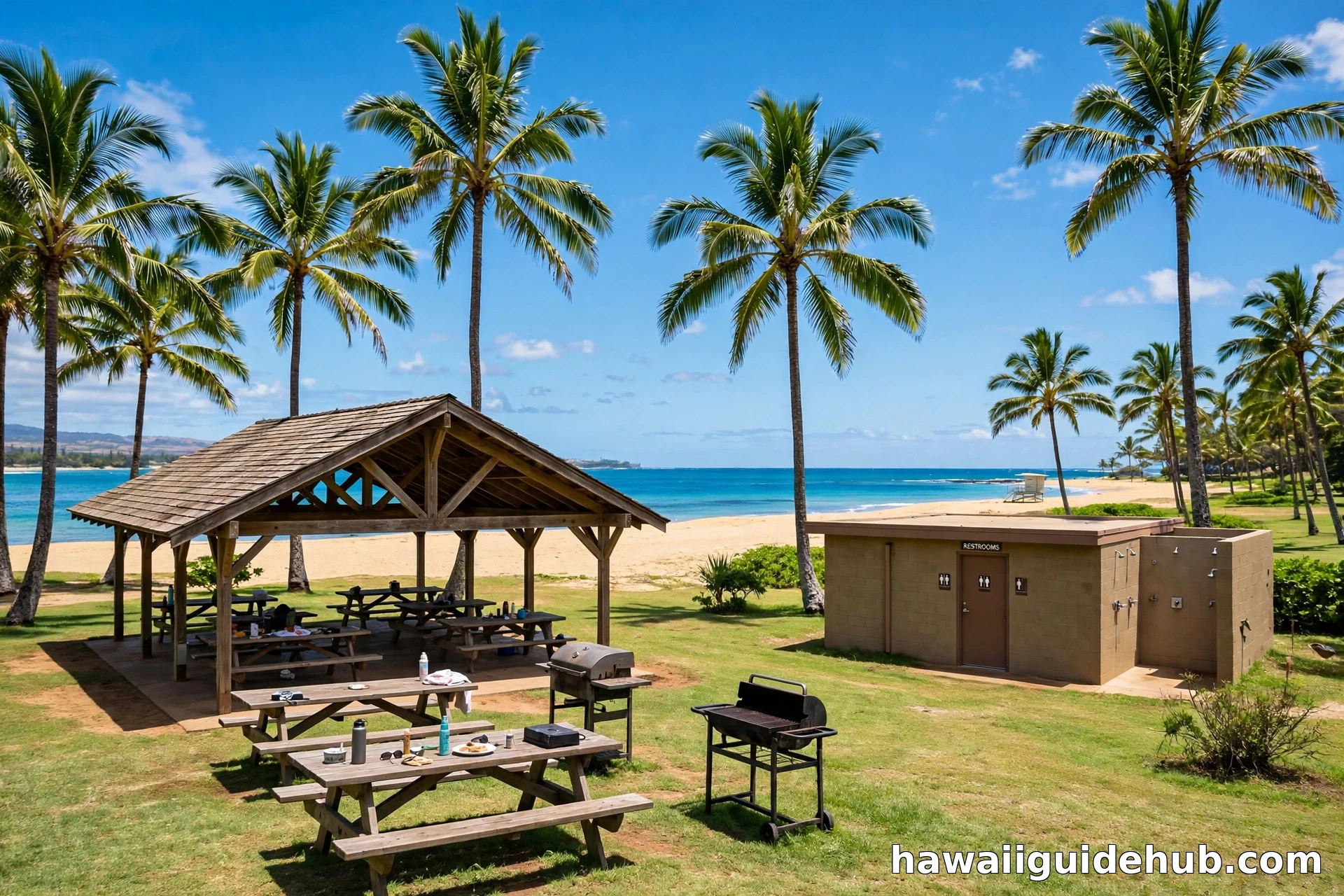 Kekaha Beach Park on Kauai with picnic pavilion, palm trees, restrooms and the beach beyond