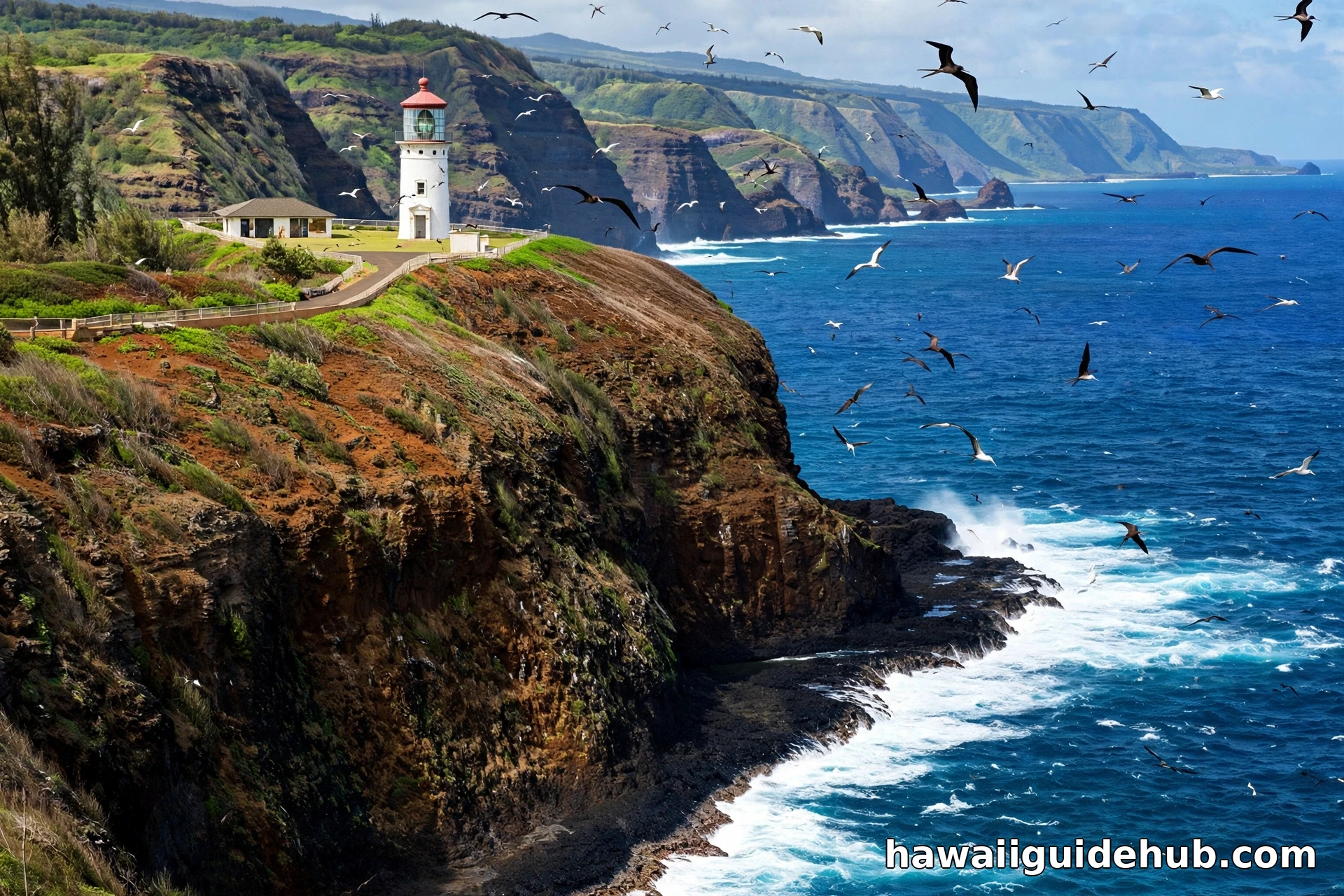 The Kilauea Lighthouse above the cliffs of the wildlife refuge.
