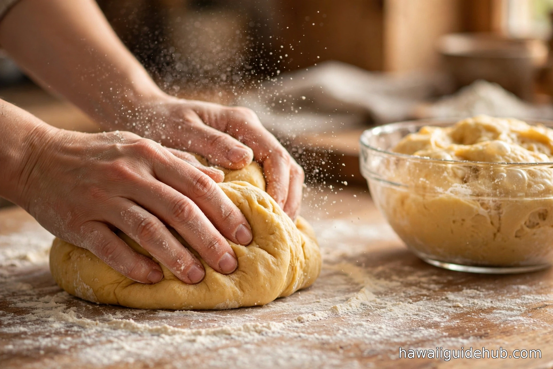 Hands kneading soft golden Hawaiian sweet bread dough on a floured wooden counter