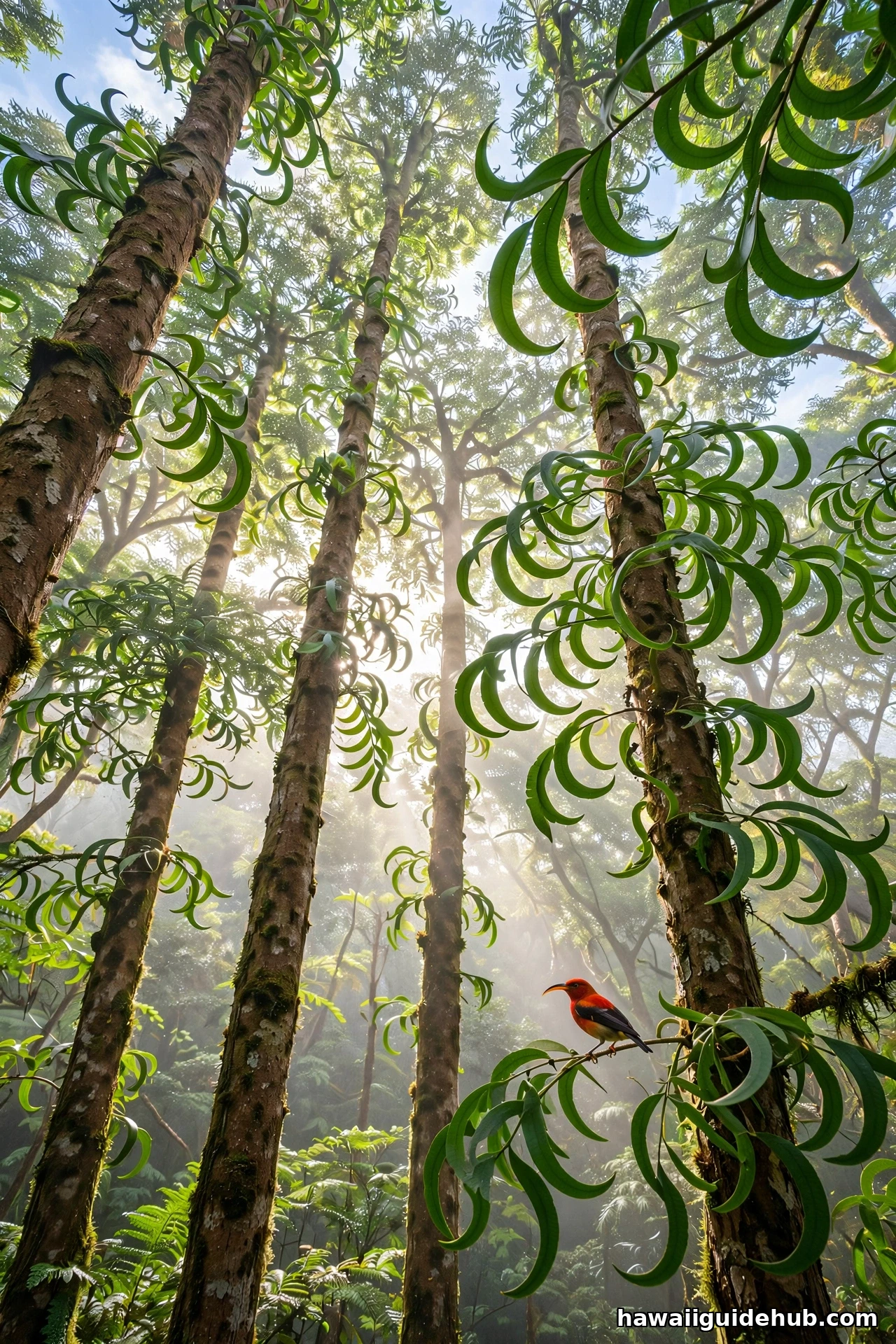 Looking up through a koa forest canopy with a native Hawaiian honeycreeper