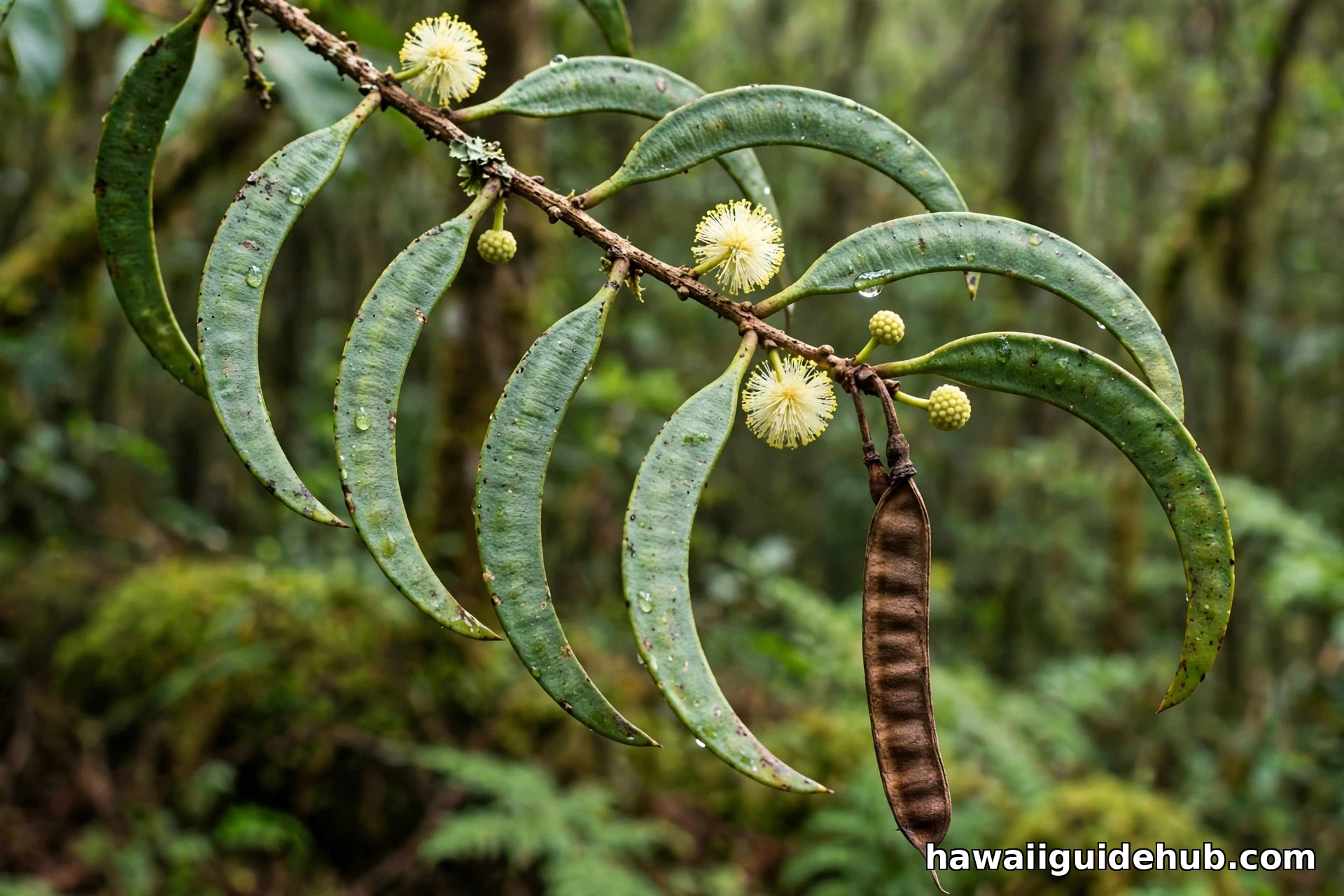 Close-up of koa tree phyllodes, pale yellow flowers, and a seed pod