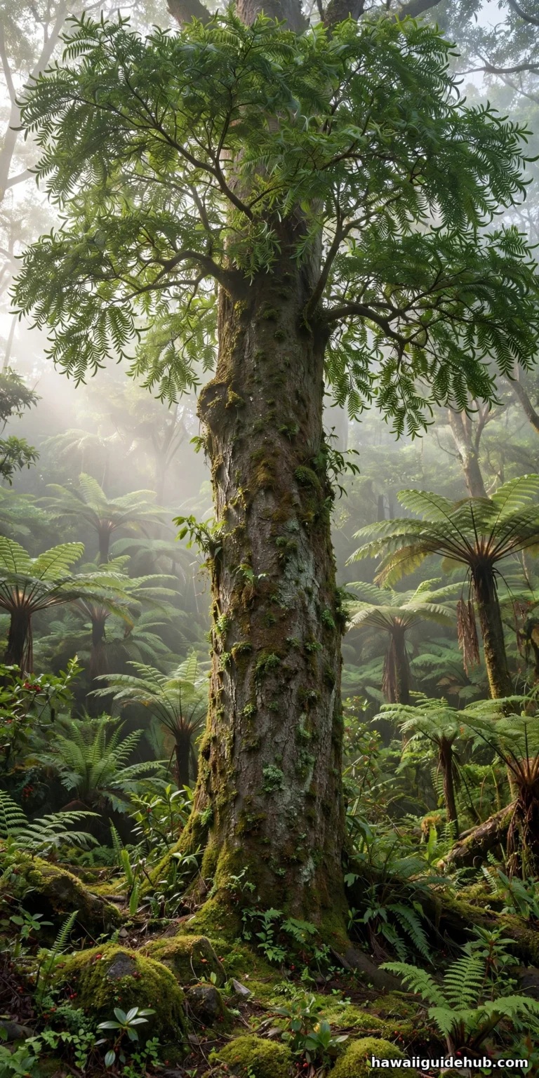 Majestic koa tree (Acacia koa) standing tall in a misty Hawaiian montane forest