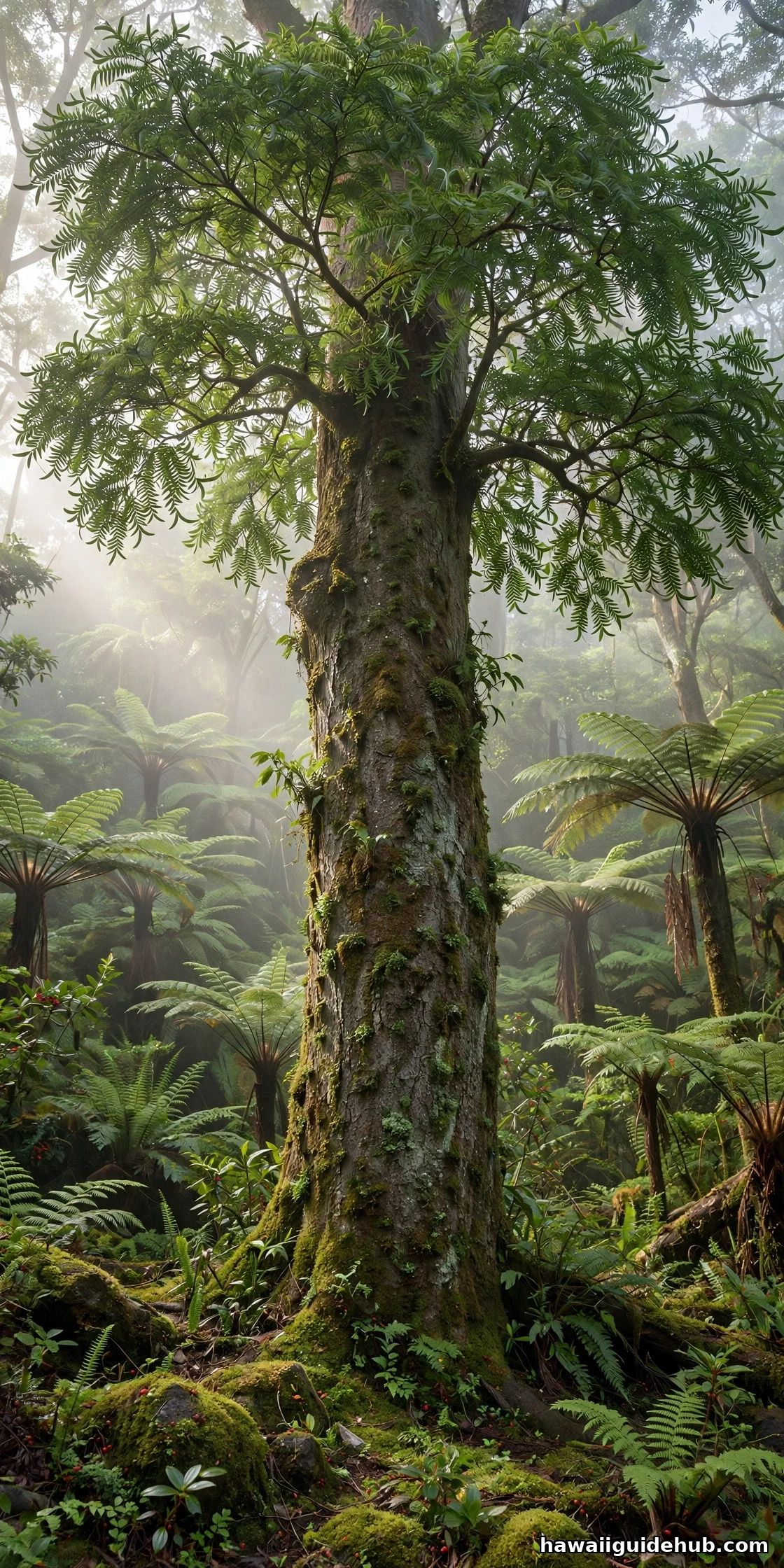 Majestic koa tree (Acacia koa) standing tall in a misty Hawaiian montane forest
