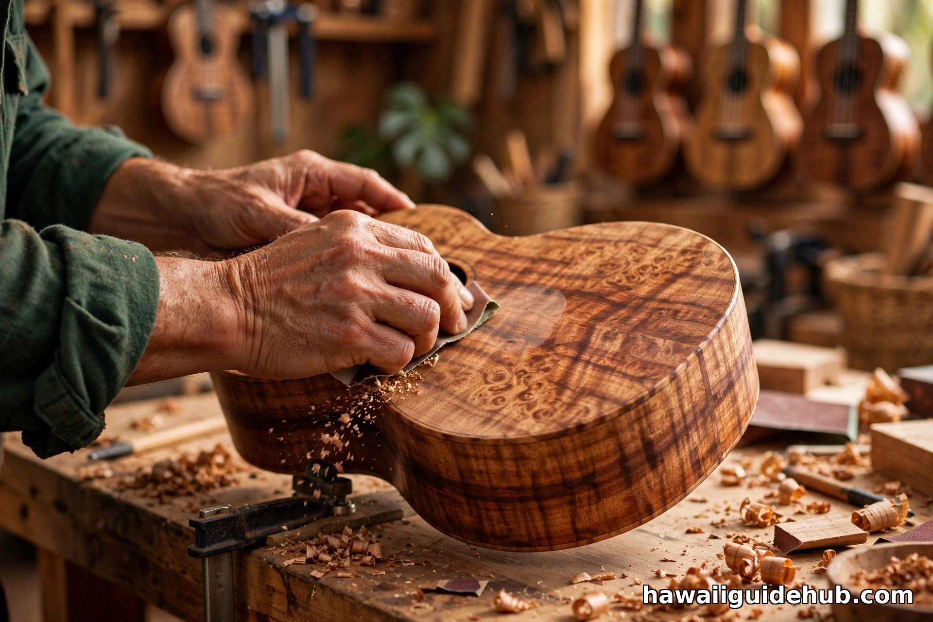 Craftsman sanding a koa wood ukulele with beautiful curly grain