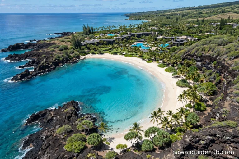 Aerial view of a Kohala Coast cove with turquoise water, lava rock, and resort on the Big Island of Hawaii