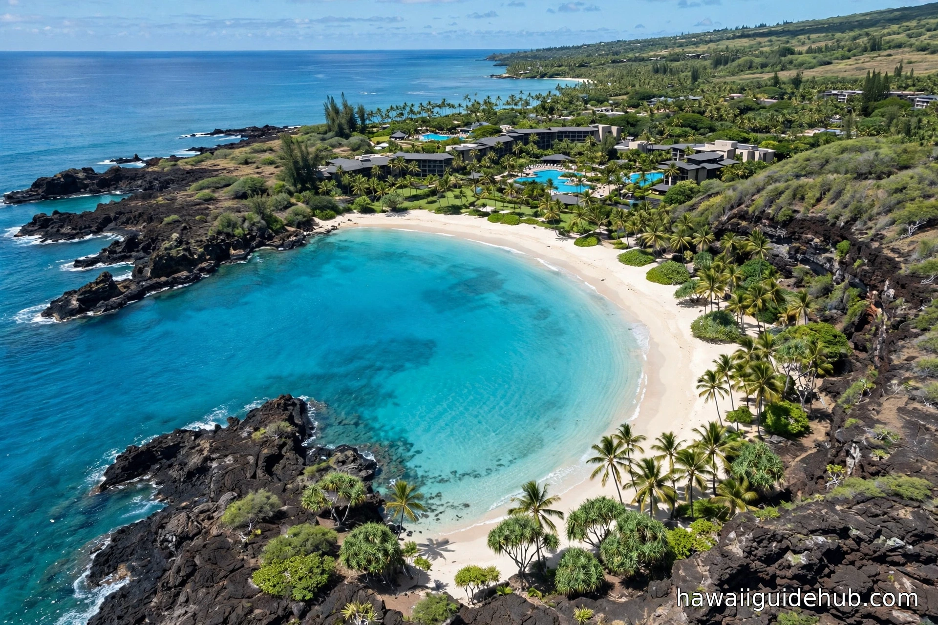 Aerial view of a Kohala Coast cove with turquoise water, lava rock, and resort on the Big Island of Hawaii