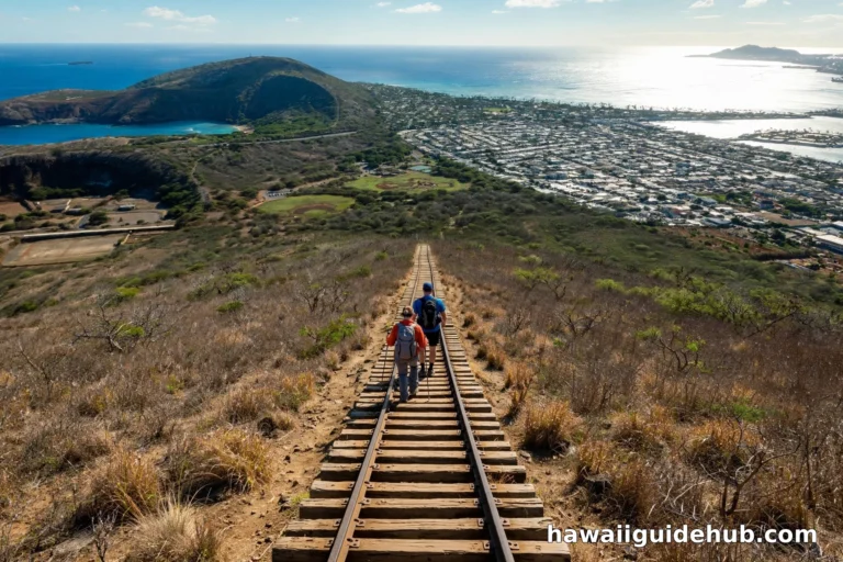 Aerial view of the Koko Crater Trail stairs climbing straight up the volcanic crater slope on Oahu, Hawaii, with two hikers and the coastline in the distance
