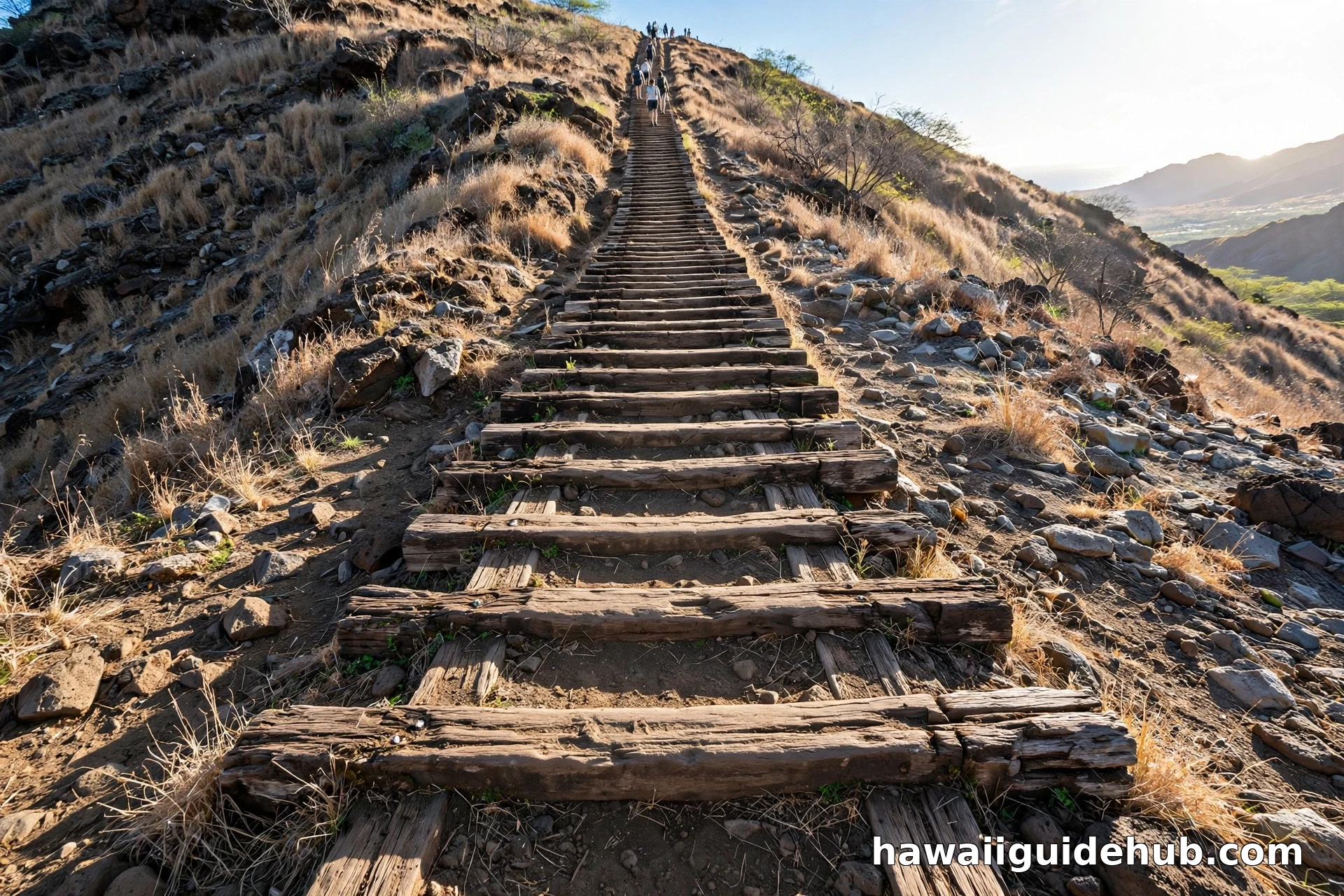 Hikers climbing the steep wooden railroad tie staircase of the Koko Crater Trail