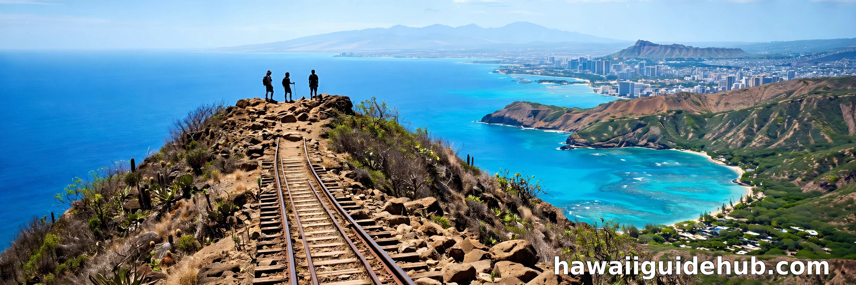 Panoramic view from the Koko Head summit over Hanauma Bay, the southeast Oahu coastline, Honolulu and Diamond Head