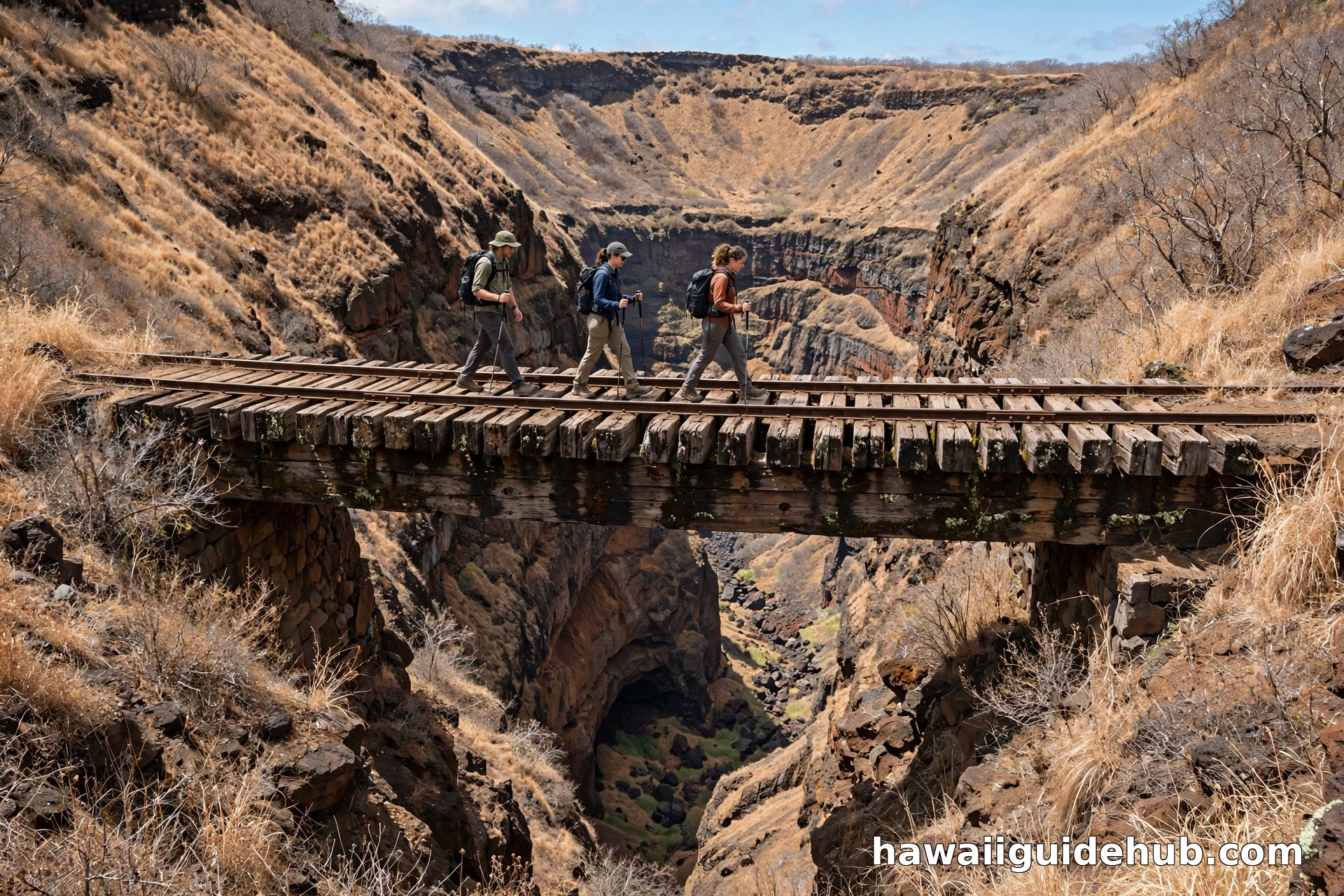 Hikers crossing the old wooden railway trestle bridge over a deep ravine on the Koko Crater Trail