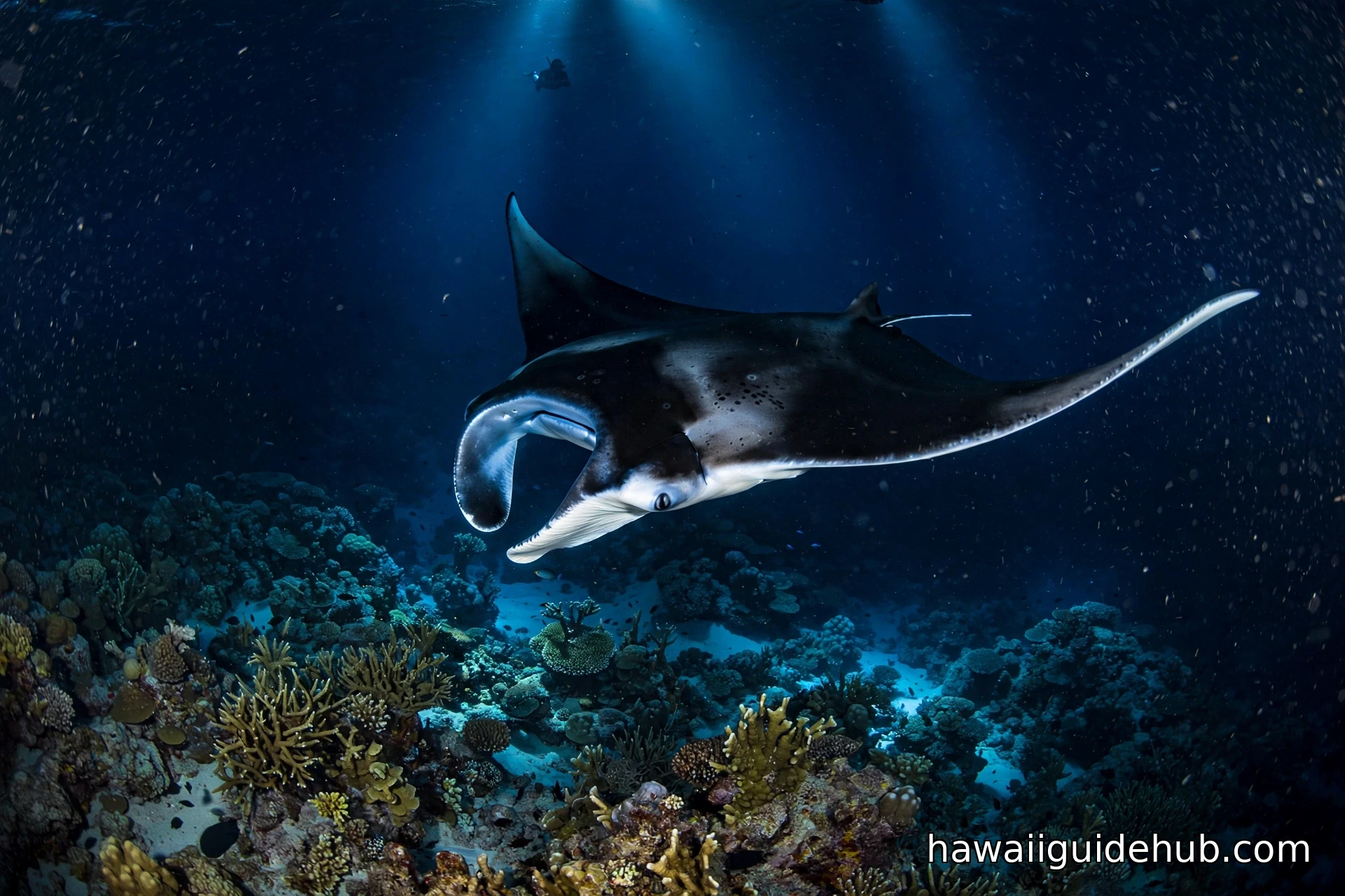 Giant manta ray gliding over a coral reef at night off Kona Hawaii with a snorkeler silhouette in the background