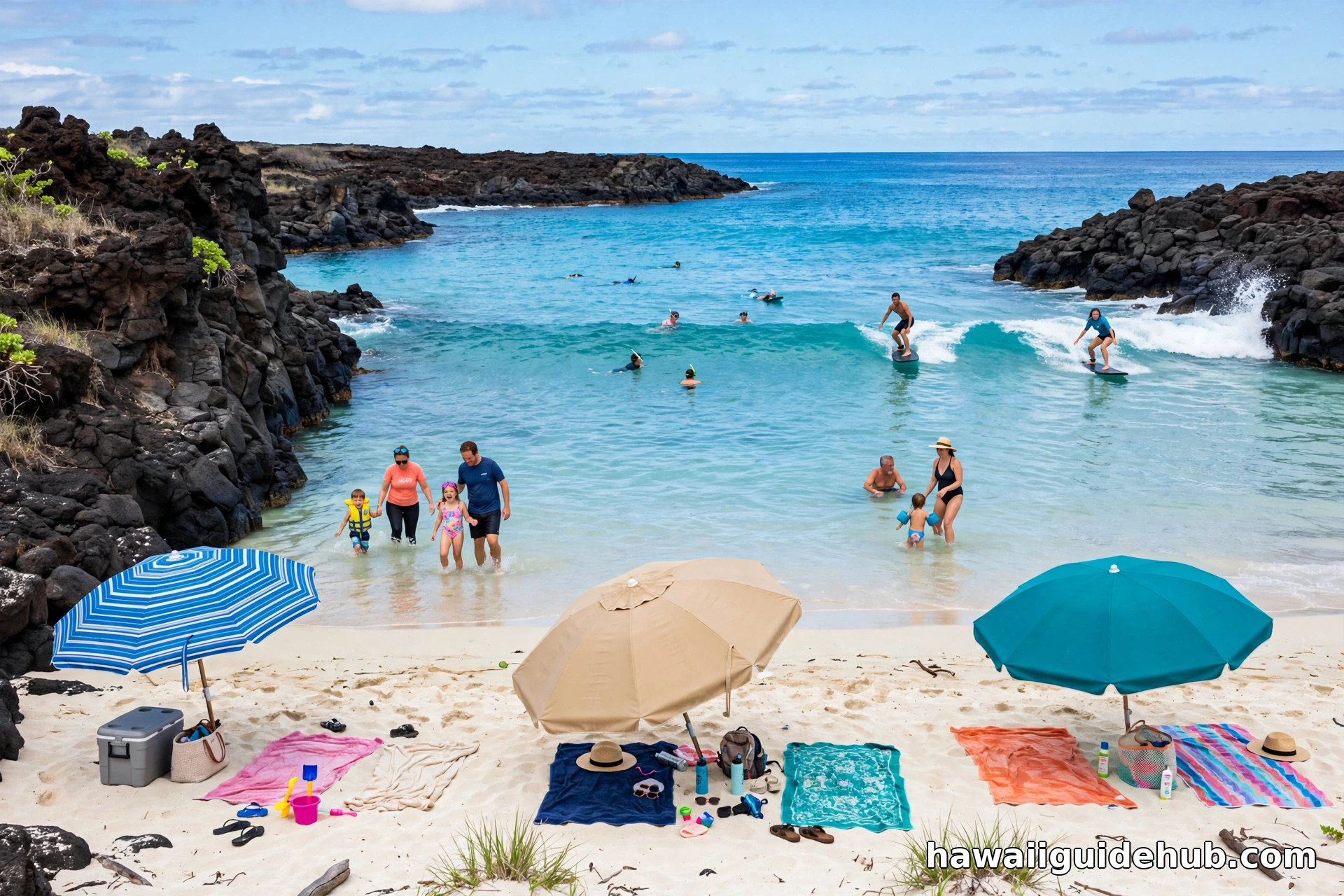 Families swimming and bodysurfing in turquoise water at Kua Bay beach with white sand, umbrellas, and black lava rock