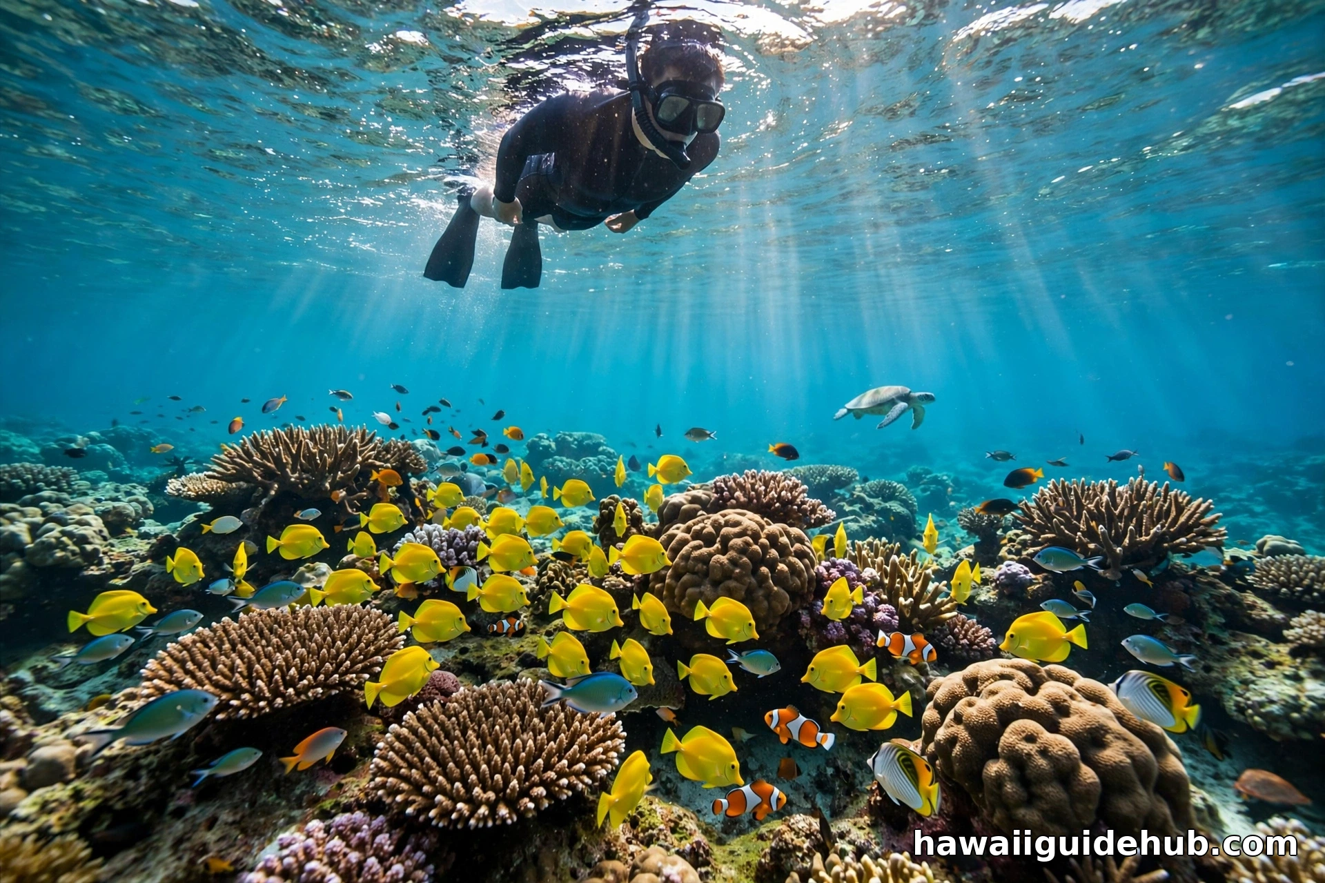Snorkeler swimming above a coral reef with yellow tang fish and a green sea turtle at Kua Bay, Big Island Hawaii