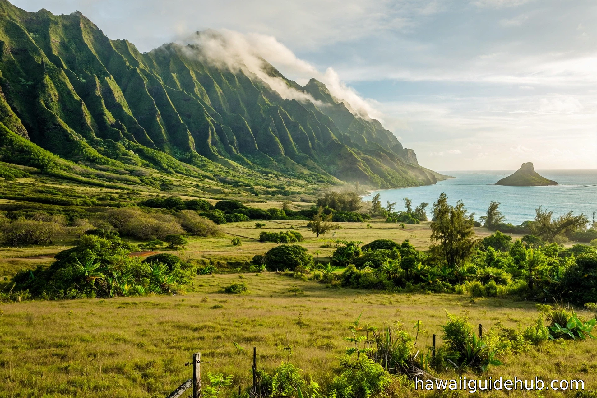 Lush green Koolau mountain cliffs towering over Kualoa Ranch valley with the ocean and Mokolii island beyond