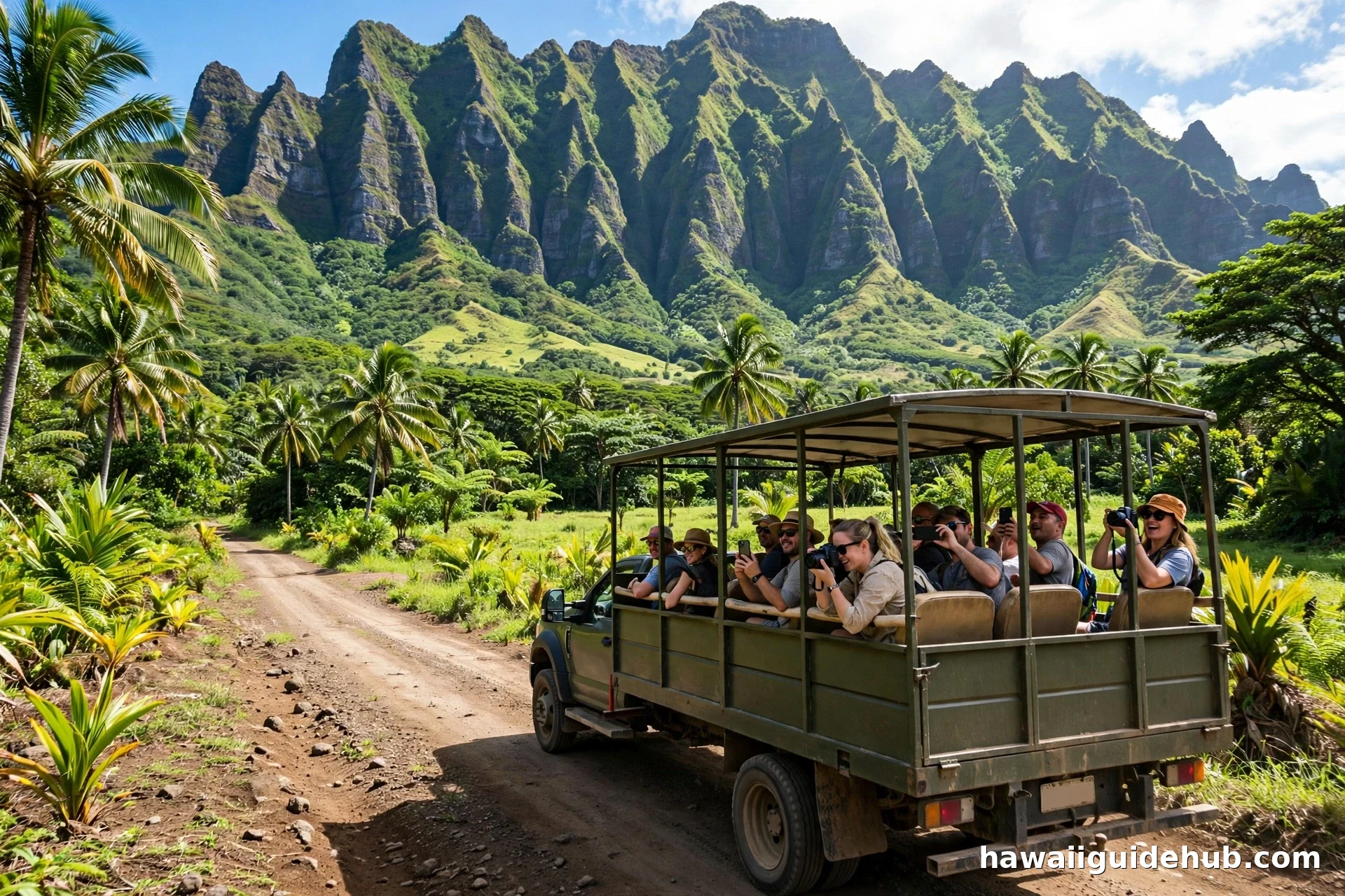 Open-air tour vehicle carrying visitors through Kualoa Ranch with the jagged Ko'olau mountains rising behind