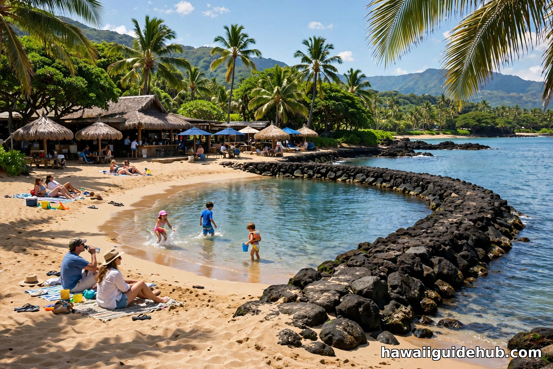Families relaxing on the sand at Kuilima Cove with calm turquoise water