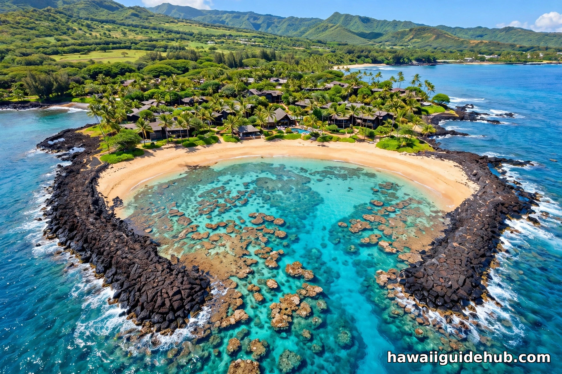 Aerial view of Kuilima Cove, a crescent-shaped protected cove with turquoise water, coral reefs and lava rock jetties on Oahu's North Shore
