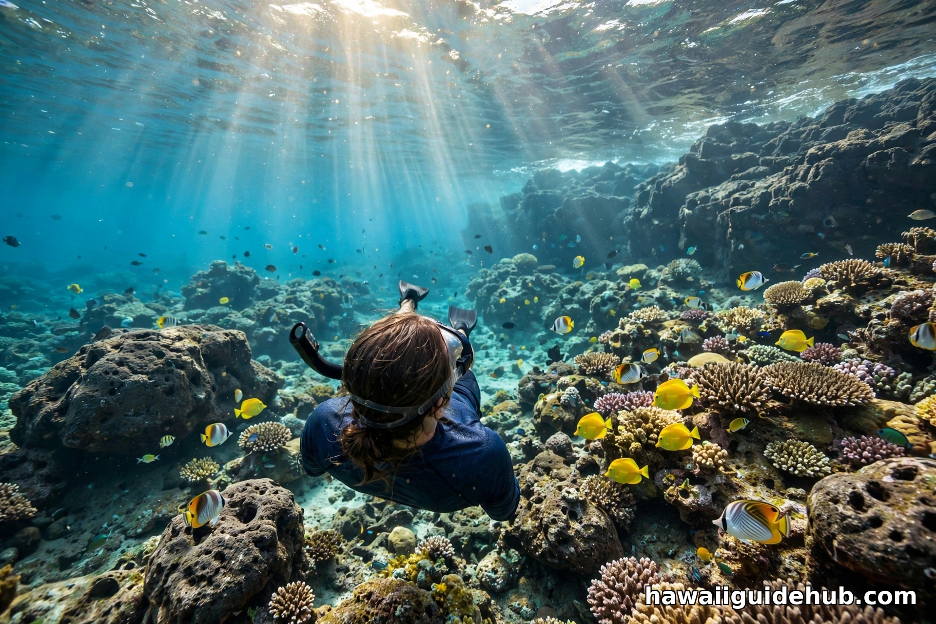 Snorkeler swimming over a coral reef with yellow tangs and butterflyfish at Kuilima Cove