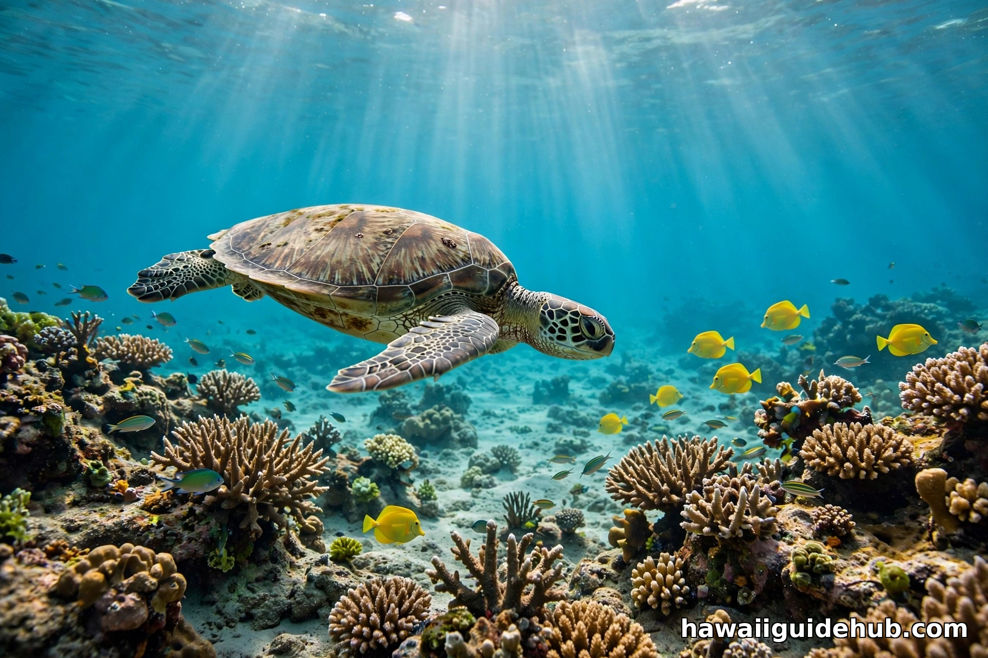 Hawaiian green sea turtle gliding over a coral reef at Kuilima Cove