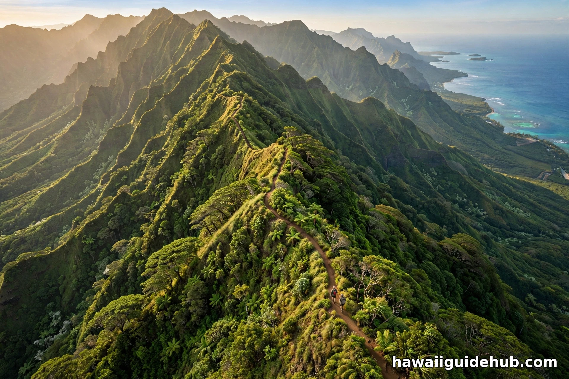 Aerial view of the Kuliʻouʻou Ridge Trail winding along a lush green ridgeline in the Koʻolau mountains, Oʻahu