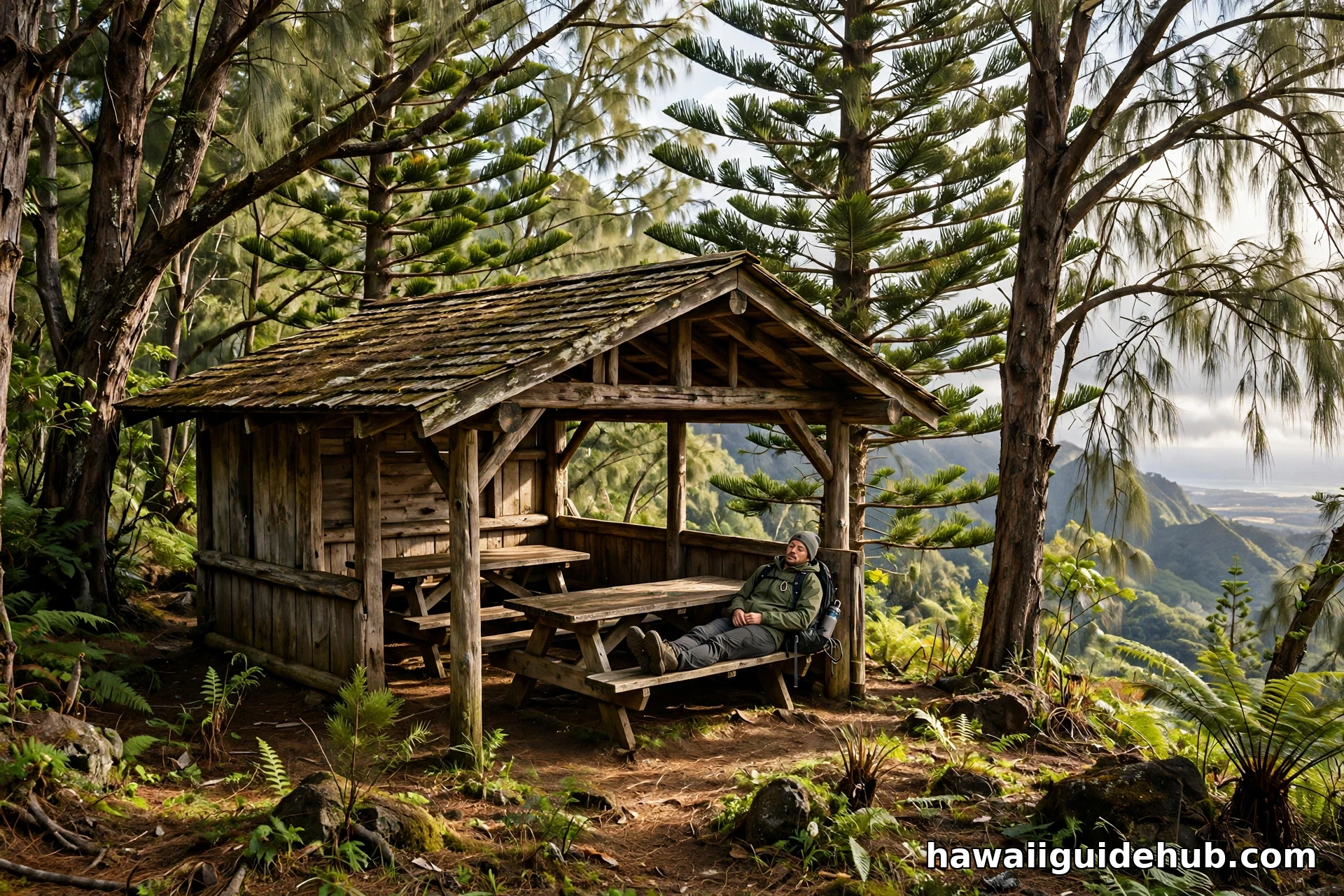 The wooden shelter with two picnic tables on the Kuliʻouʻou Ridge Trail, surrounded by Norfolk pine and ironwood trees