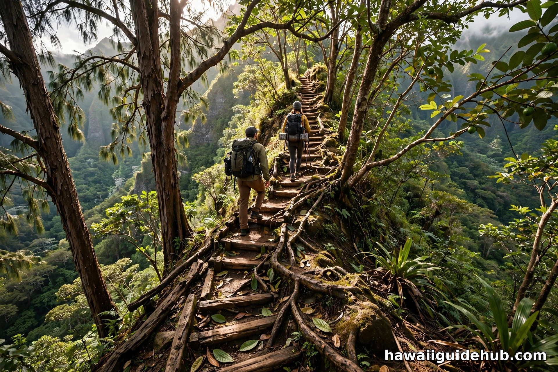 Two hikers climbing the steep wooden stairs and root-covered trail on the upper Kuliʻouʻou Ridge Trail through ironwood forest