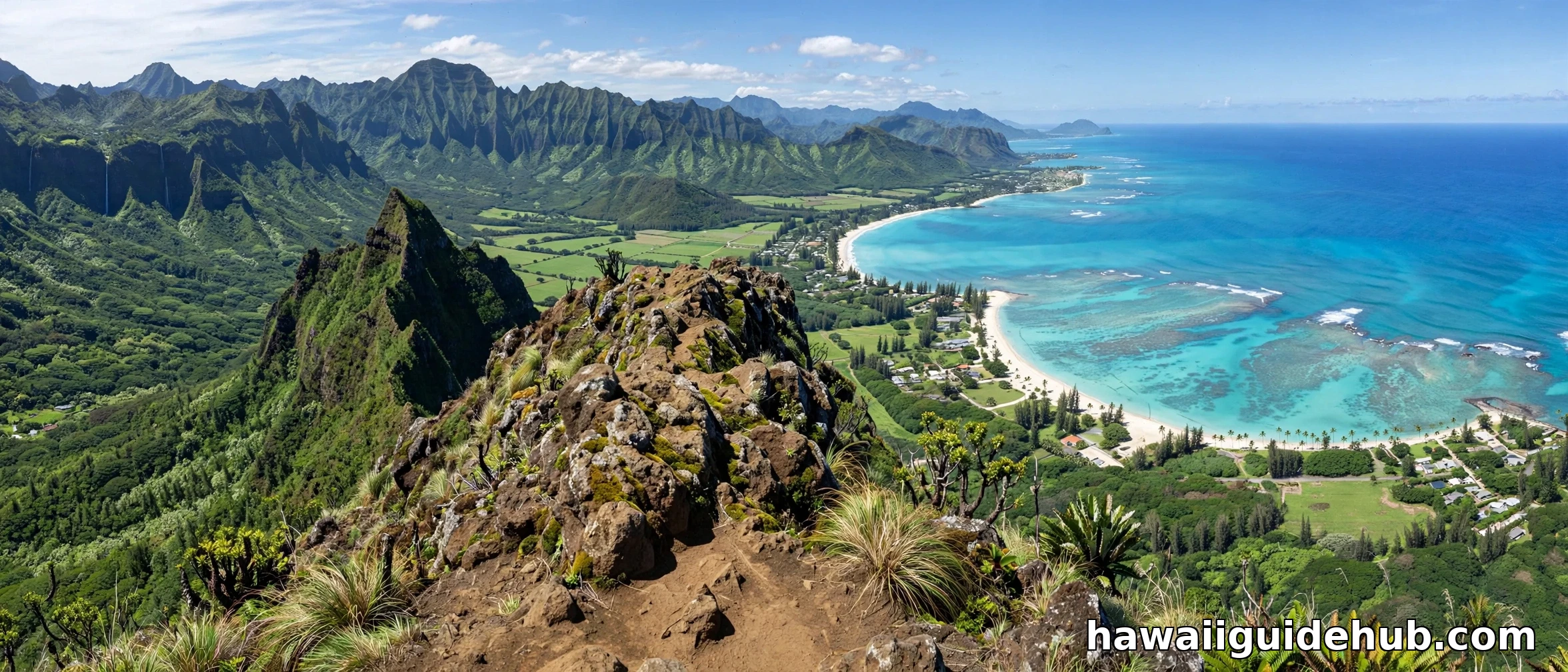 Panoramic summit view from the Koʻolau Range above the Kuliʻouʻou Ridge Trail, showing Waimanalo Bay and the windward coast of Oʻahu