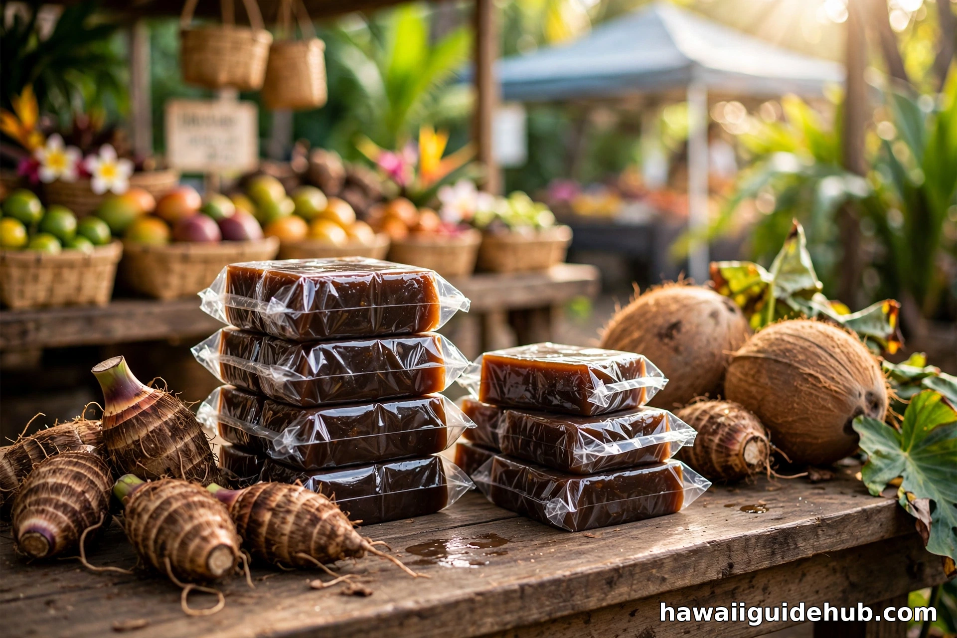 Wrapped one-pound bricks of kulolo for sale at a Hawaiian farmers market alongside taro roots and coconuts