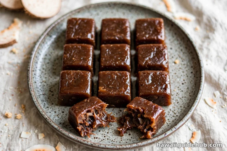 Squares of kulolo, the traditional Hawaiian taro and coconut pudding, arranged on a ceramic plate