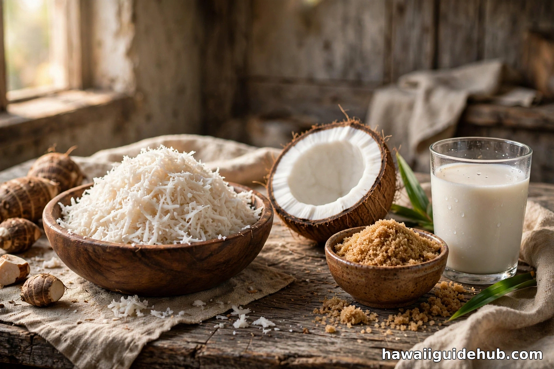 Ingredients for kulolo arranged on a rustic table: grated coconut, taro roots, brown sugar, and coconut milk