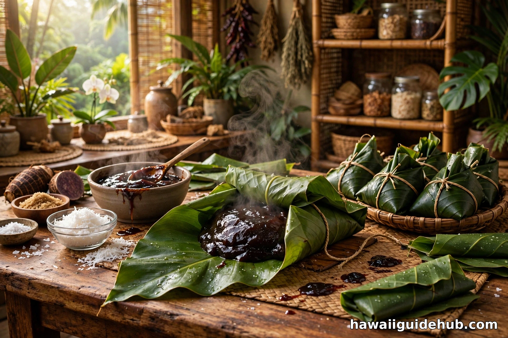 Dark glossy kulolo mixture being wrapped in green ti leaves in the traditional Hawaiian preparation