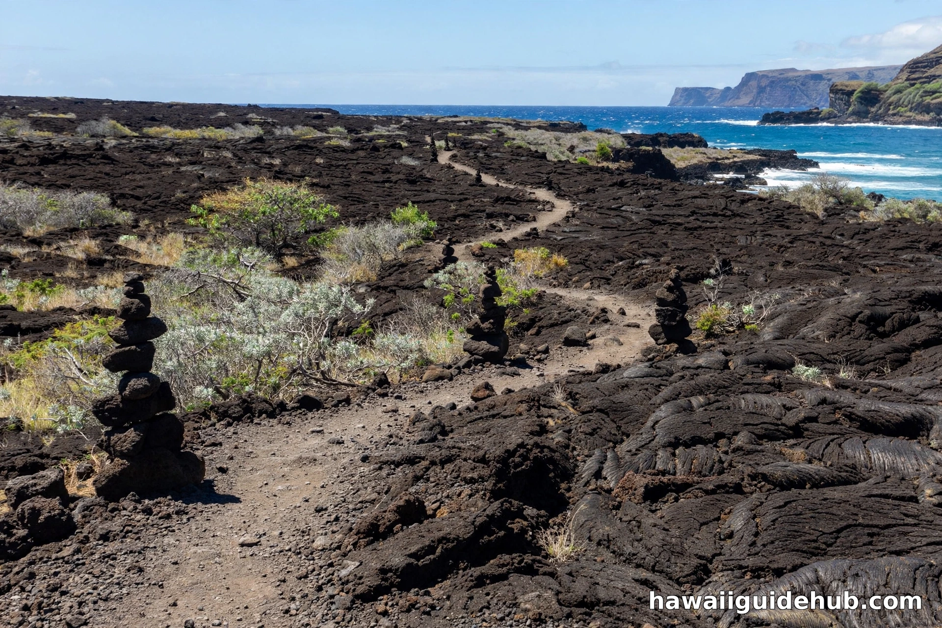 The Hoapili Trail winding through black lava fields toward the ocean at La Perouse Bay, Maui