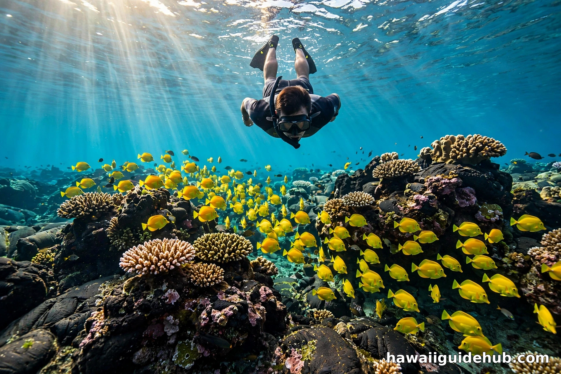 Snorkeler swimming over a coral reef with schools of yellow tang fish at La Perouse Bay, Maui