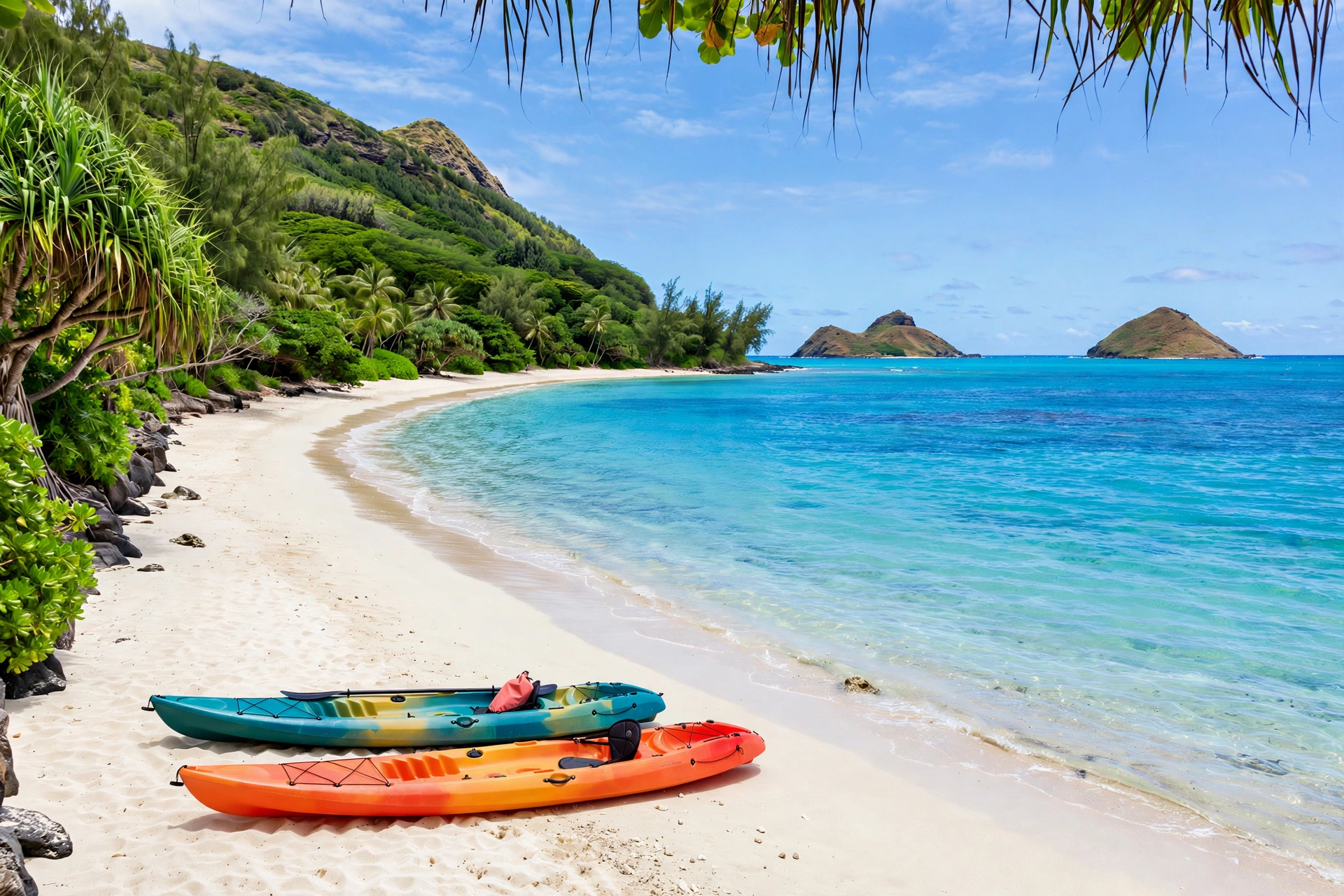 Two kayaks resting on the white sand at Lanikai Beach with turquoise water and the Mokulua Islands offshore on Oahu, Hawaii