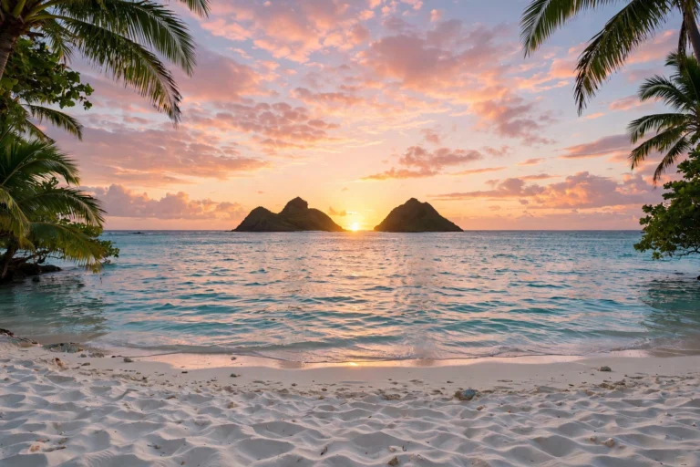 Sunrise over Lanikai Beach on Oahu, Hawaii, with the sun rising between the silhouettes of the twin Mokulua Islands over turquoise water and white sand