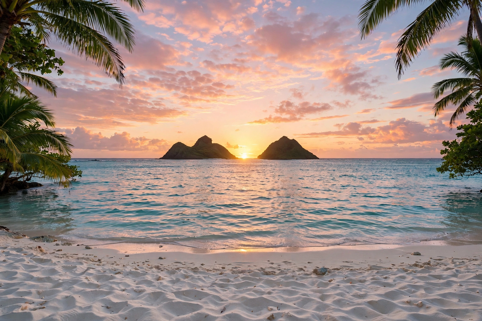 Sunrise over Lanikai Beach on Oahu, Hawaii, with the sun rising between the silhouettes of the twin Mokulua Islands over turquoise water and white sand