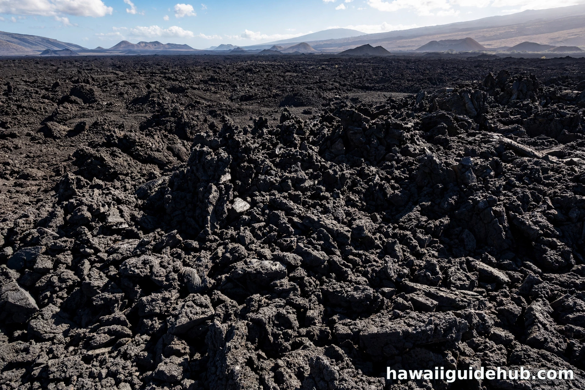 Rough black aa lava field of sharp broken rock in Hawaii Volcanoes National Park